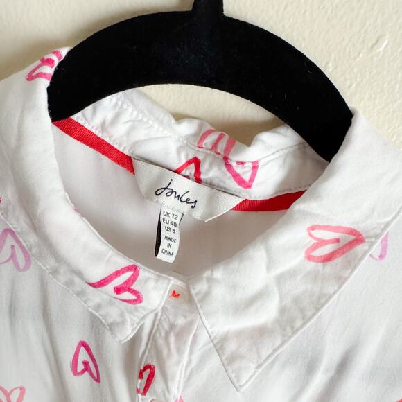 Joules White + Pink Heart Print Elvina Button Down Woven Love Valentines Blouse - Picture 5 of 10